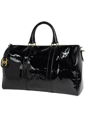 Chanel CC Logo Boston Bag 2-Way Enamel Patent Leather Black